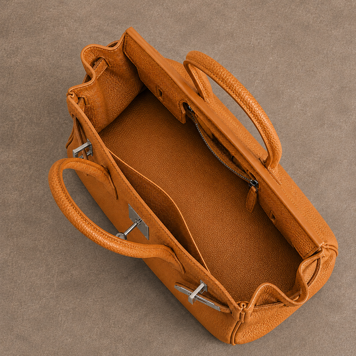 Sac Jelly Élan Ambre ouvert, vue plongeante sur l'intérieur en cuir grainé brun ambré