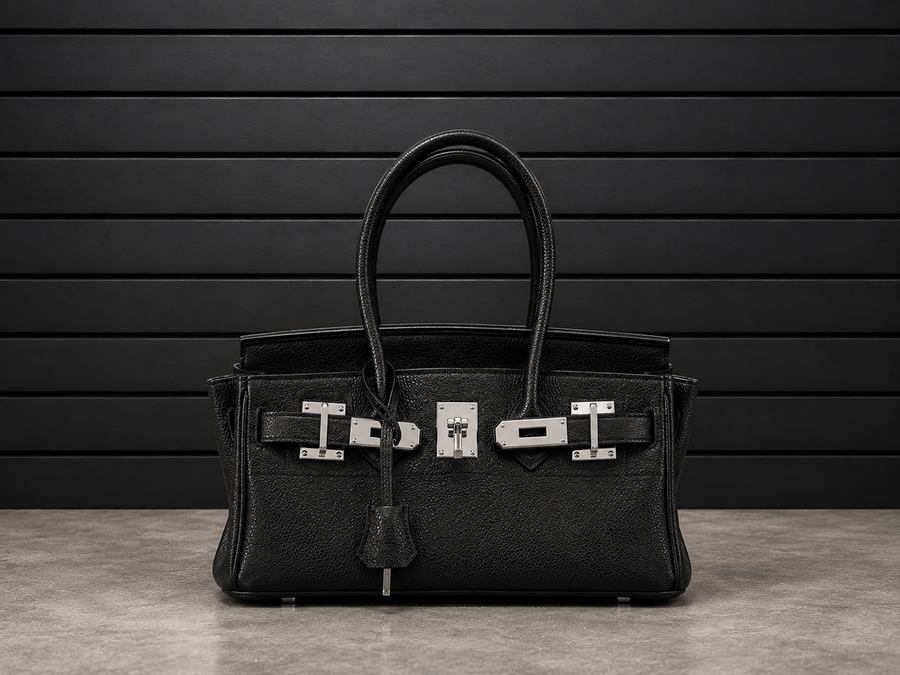 Sac à main Jelly Élan Ébène en cuir véritable grainé noir ébène, fermoir cadenas argenté et clochette