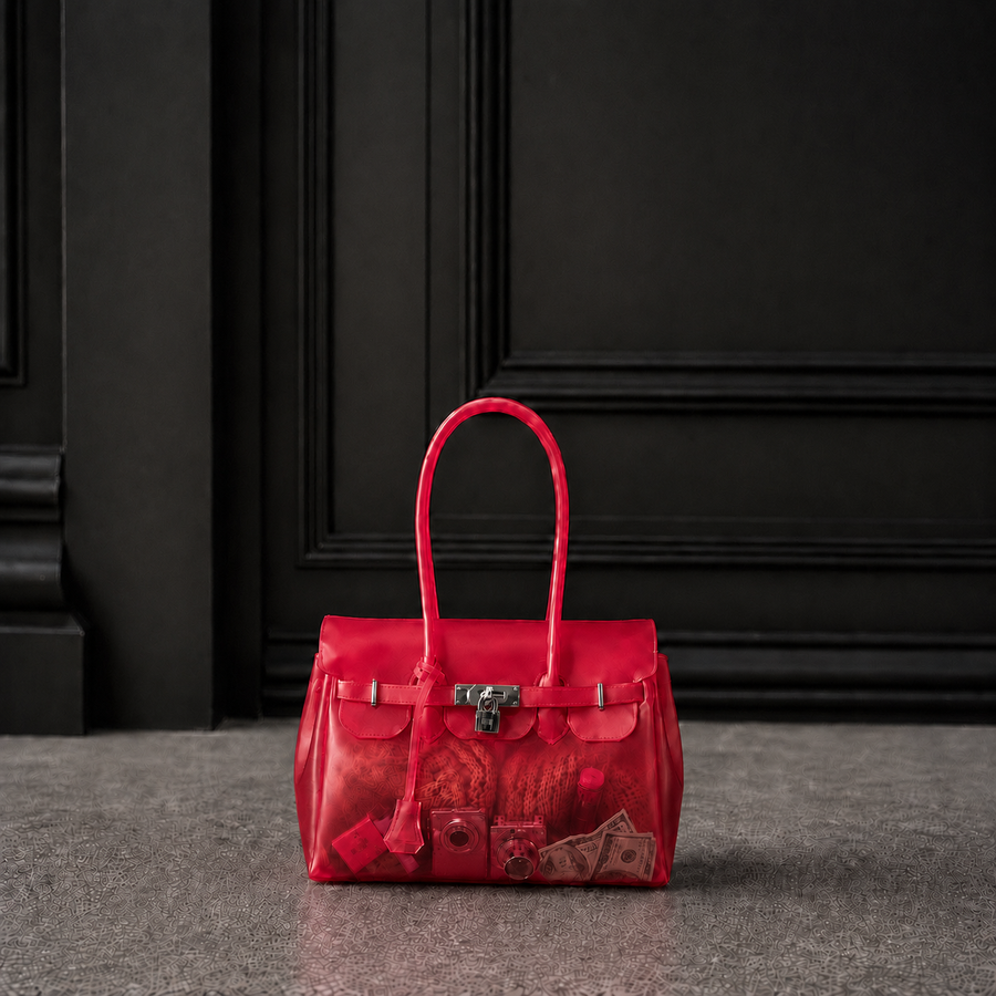 Mini sac Jelly Firkin coloris Cherry rouge cerise rempli d'objets, posé devant une porte sombre, vue alternative
