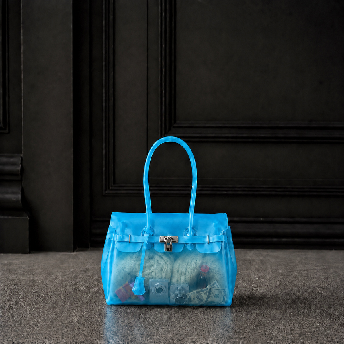 Mini sac Jelly Firkin coloris Lagoon bleu turquoise rempli d'objets, posé devant une porte sombre, vue alternative