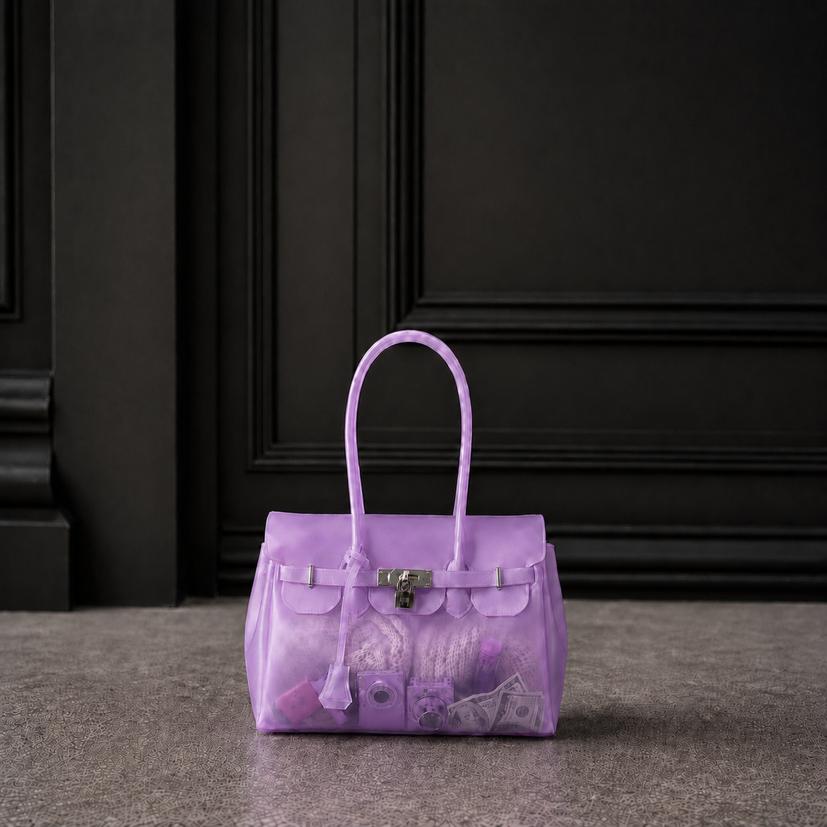 Mini sac Jelly Firkin coloris Lavender violet lavande rempli d'objets, posé devant une porte sombre, vue alternative