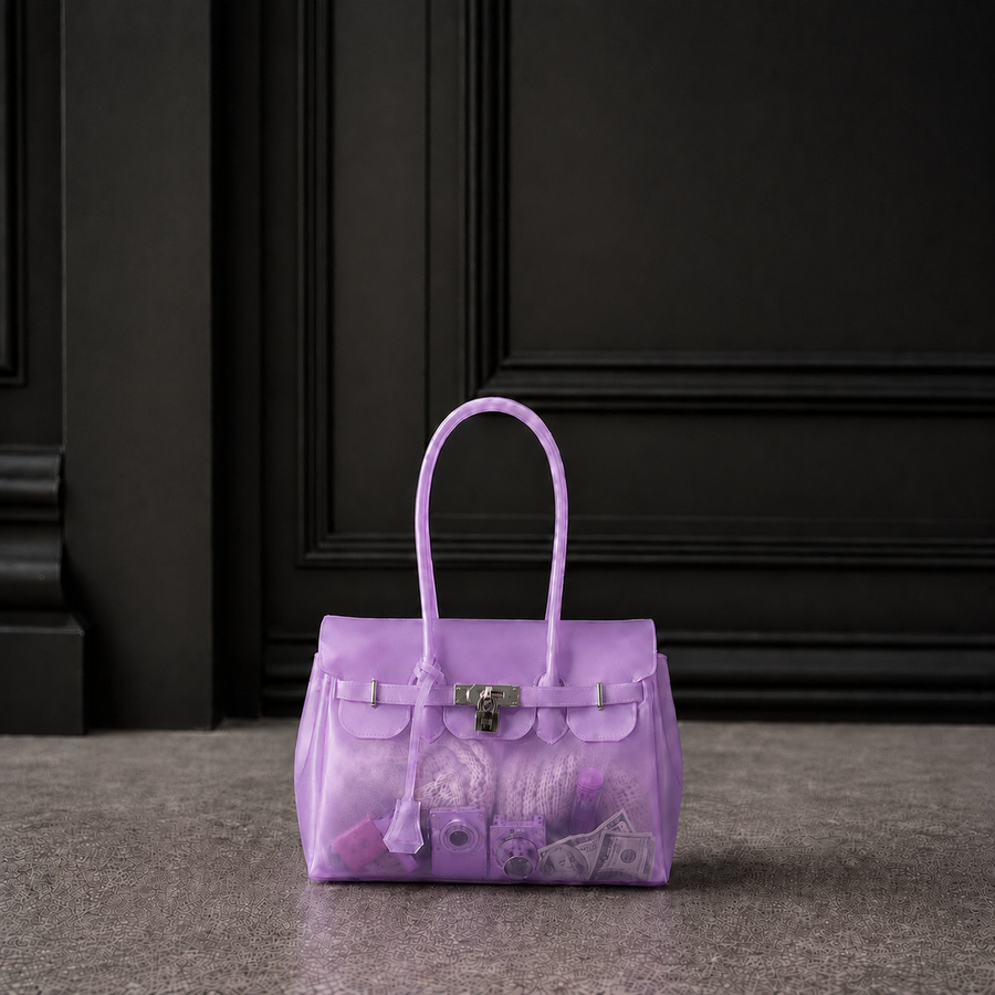 Mini sac Jelly Firkin coloris Lavender violet lavande rempli d'objets, posé devant une porte sombre, vue alternative