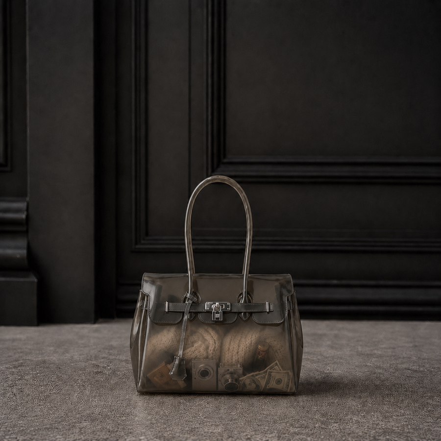 Mini sac Jelly Firkin coloris Onyx noir rempli d'objets, posé devant une porte sombre