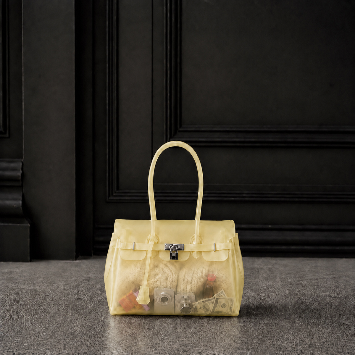 Mini sac Jelly Firkin coloris Butter jaune beurre rempli d'objets, posé devant une porte sombre, vue alternative