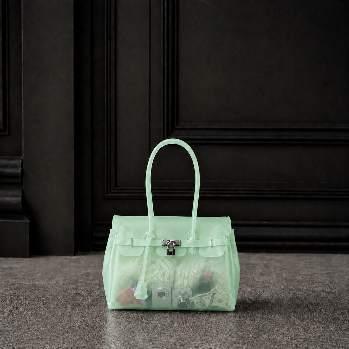 Mini sac Jelly Firkin coloris Mint vert menthe rempli d'objets, posé devant une porte sombre, vue alternative