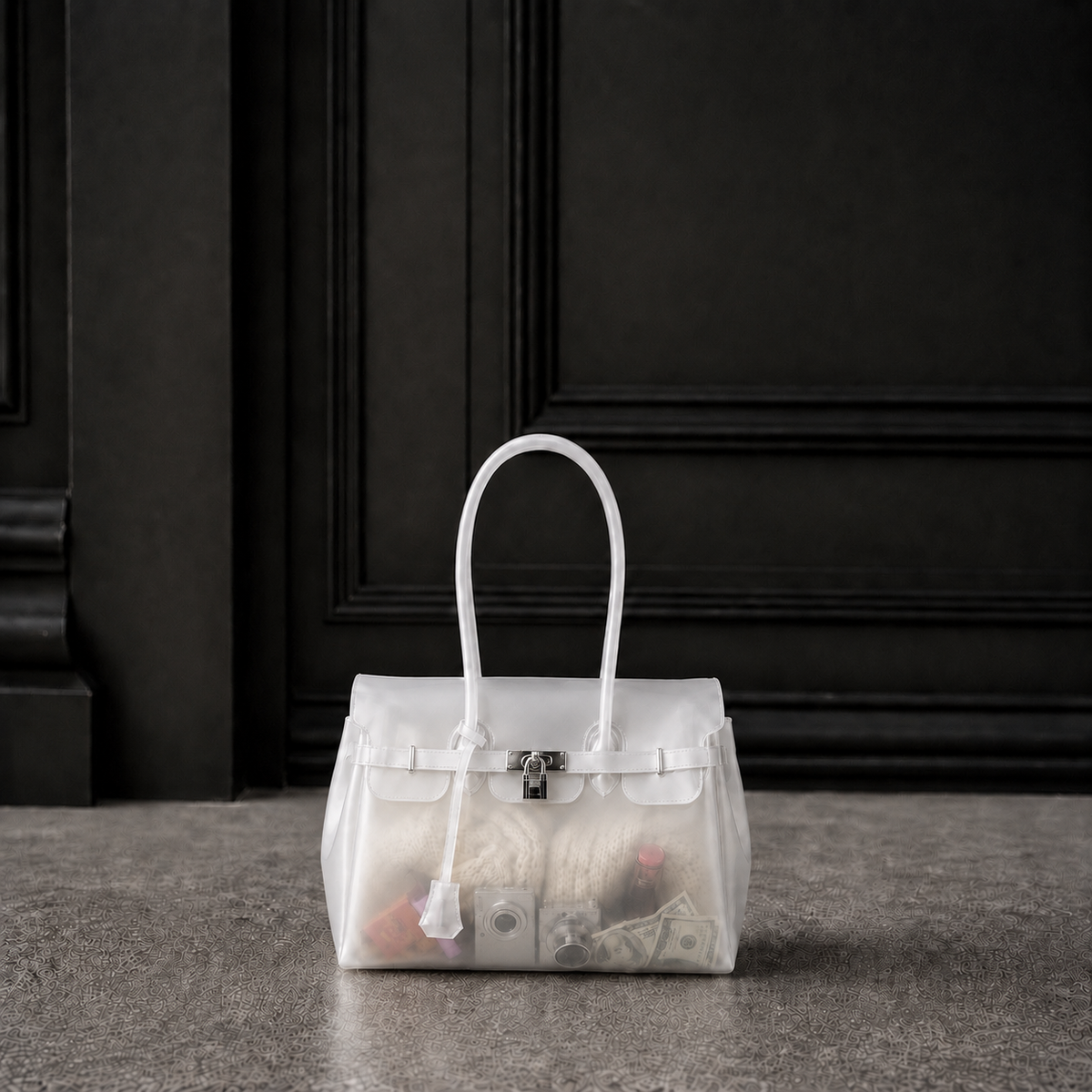 Mini sac Jelly Firkin coloris Pearl blanc nacré rempli d'objets, posé devant une porte sombre, vue alternative