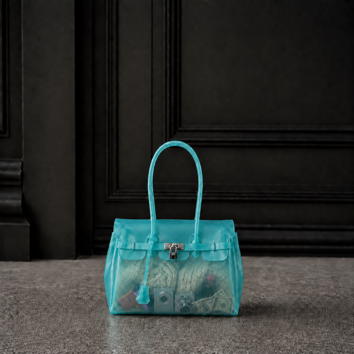 Mini sac Jelly Firkin coloris Sky bleu ciel rempli d'objets, posé devant une porte sombre, vue alternative