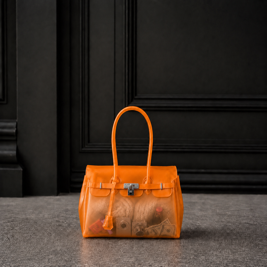 Mini sac Jelly Firkin coloris Sunset orange coucher de soleil rempli d'objets, posé devant une porte sombre, vue alternative