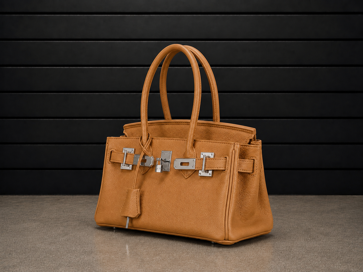 Sac Elan Bag Ambre vu de trois quarts, cuir véritable grainé brun ambré et ferrure argentée