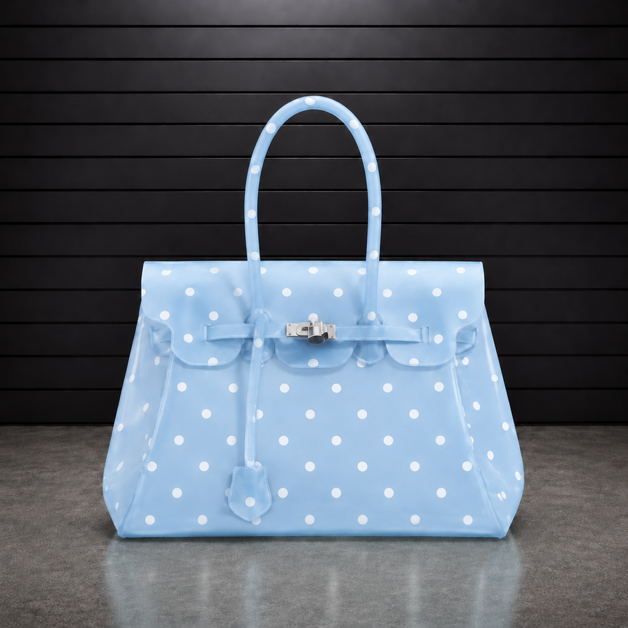 Sac à main Jelly Firkin Ice Blue Dot en TPU translucide bleu ciel à pois blancs, fermoir cadenas argenté