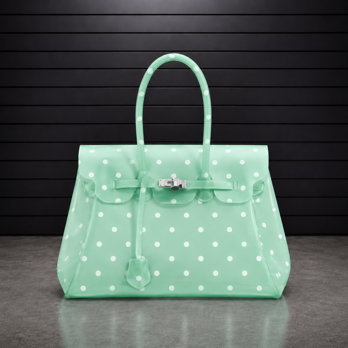 Sac à main Jelly Firkin Pistachio Dot en TPU translucide vert d'eau à pois blancs, fermoir cadenas argenté