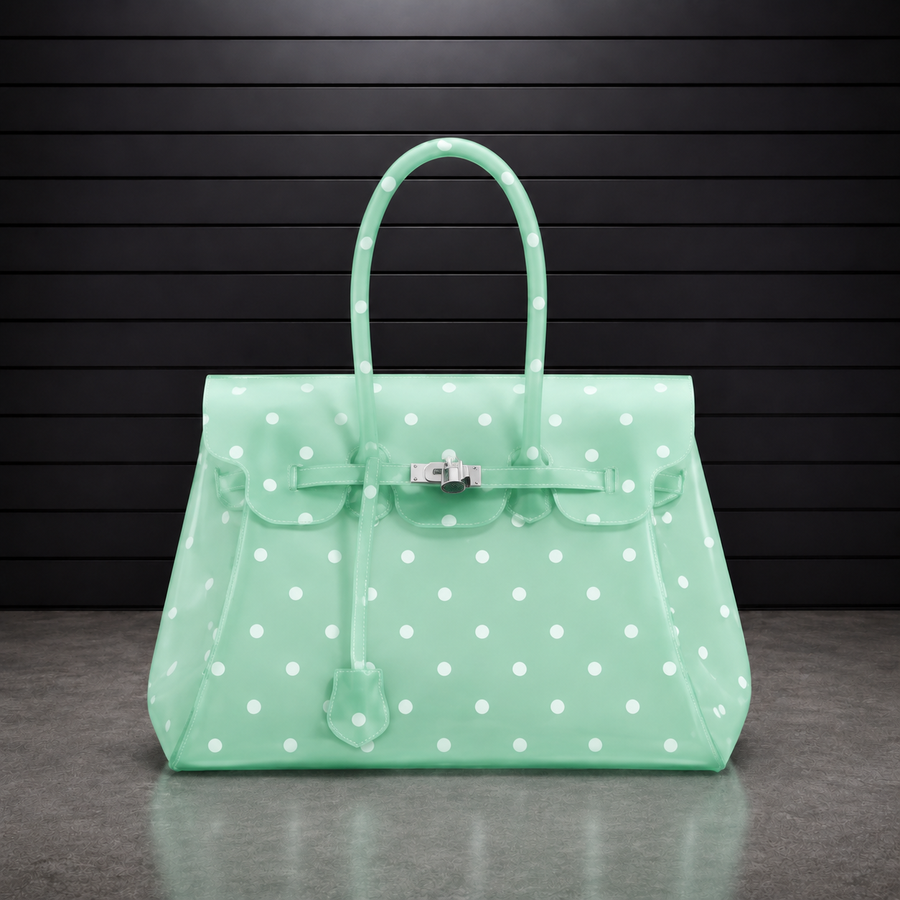 Sac à main Jelly Firkin Pistachio Dot en TPU translucide vert d'eau à pois blancs, fermoir cadenas argenté