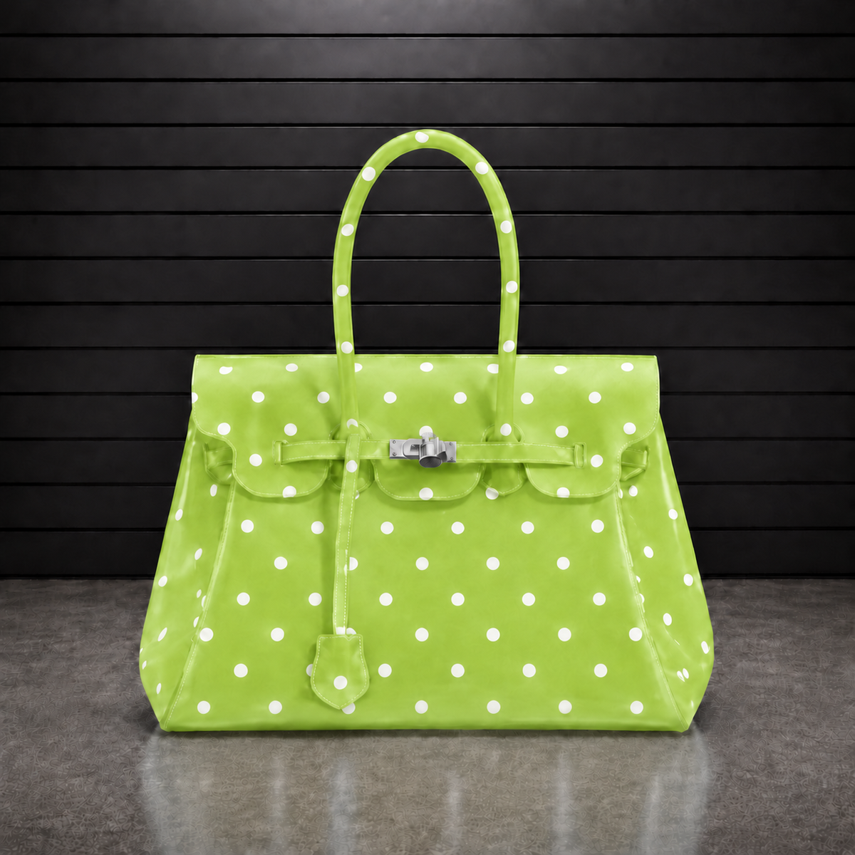 Sac à main Jelly Firkin Lime Dot en TPU translucide vert anis à pois blancs, fermoir cadenas argenté