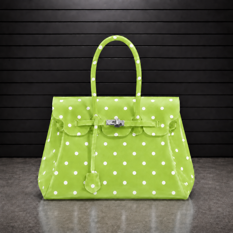 Sac à main Jelly Firkin Lime Dot en TPU translucide vert anis à pois blancs, fermoir cadenas argenté