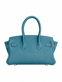 Sac Élan Bag Denim en cuir véritable bleu jean, coutures blanches – Firkin Jelly, vue de dos