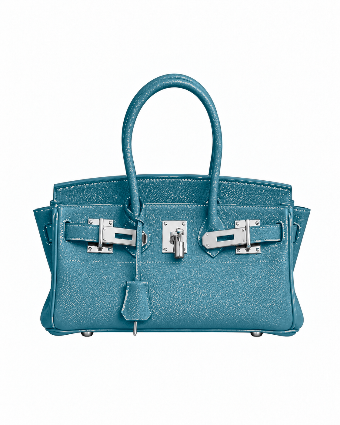 Sac Élan Bag Denim en cuir véritable bleu jean, coutures blanches – Firkin Jelly, vue de face