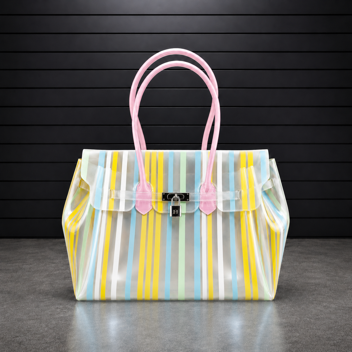 Sac à main Jelly Firkin Sunrise en TPU translucide à rayures jaune et bleu ciel, anses roses et fermoir cadenas