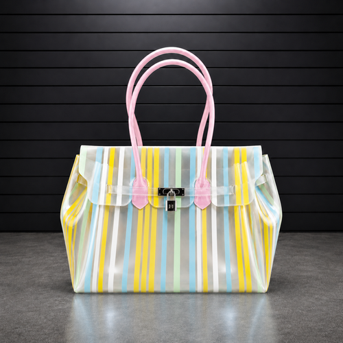 Sac à main Jelly Firkin Sunrise en TPU translucide à rayures jaune et bleu ciel, anses roses et fermoir cadenas