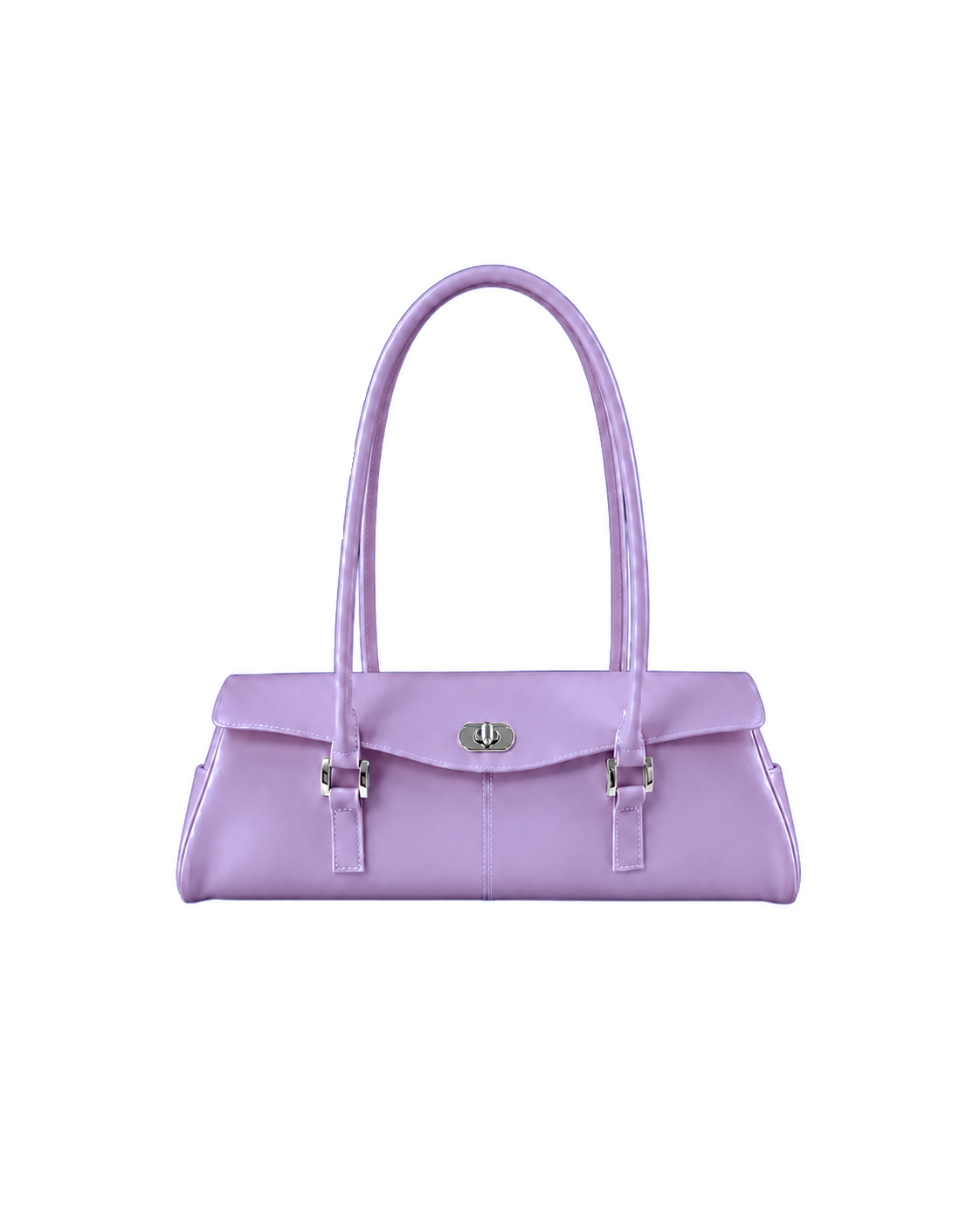 Sac Baguette Firkin Amethyst en PVC gelée translucide violet améthyste, vu de face, fermoir tournant et boucles argentés
