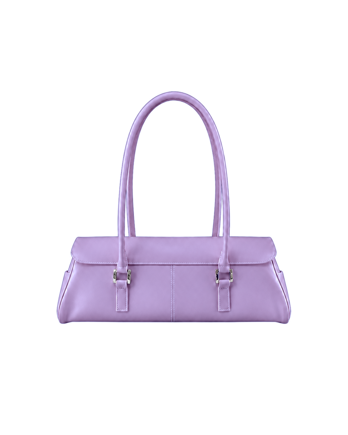 Sac Baguette Firkin Amethyst en PVC gelée translucide violet améthyste, vu de dos, boucles argentées