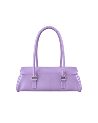 Sac Baguette Firkin Amethyst en PVC gelée translucide violet améthyste, vu de dos, boucles argentées