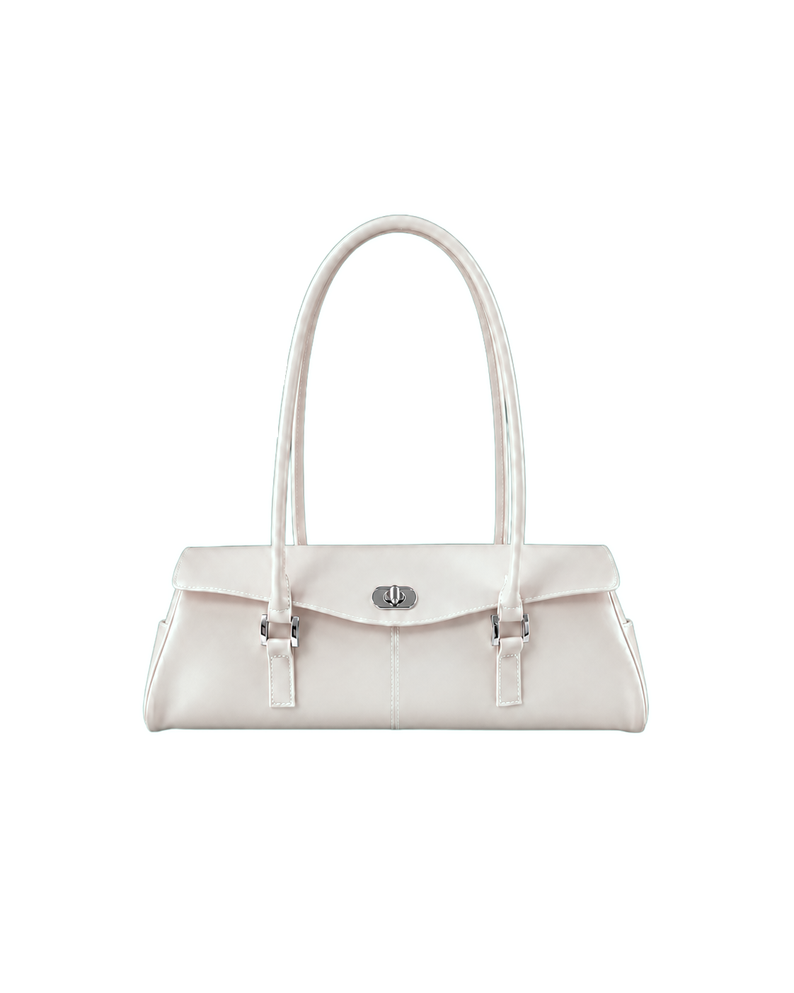 Baguette Firkin Cloud bag in pearl white translucent jelly PVC, front view, twist lock and silver buckles