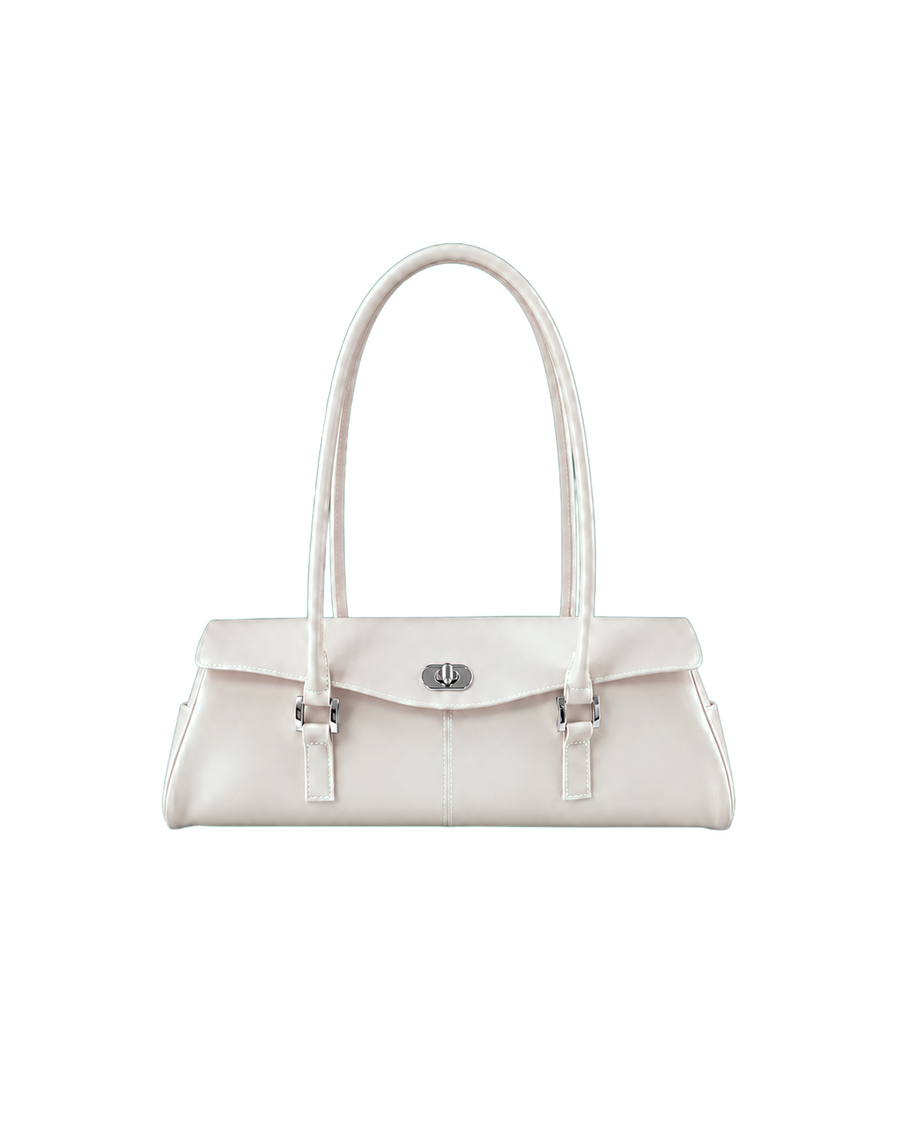 Bolso Baguette Firkin Cloud de PVC jelly translúcido blanco nacarado, visto de frente, cierre giratorio y hebillas plateados
