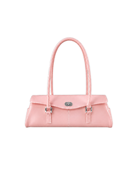 Sac Baguette Firkin Cotton Candy en PVC gelée translucide rose, vu de face, fermoir tournant et boucles argentés