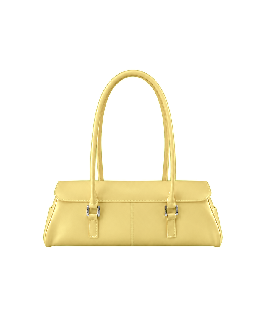 Bolso Baguette Firkin Lemon de PVC jelly translúcido amarillo limón, visto por detrás, hebillas plateadas